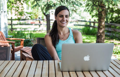 Sales and marketing club automation woman on laptop column